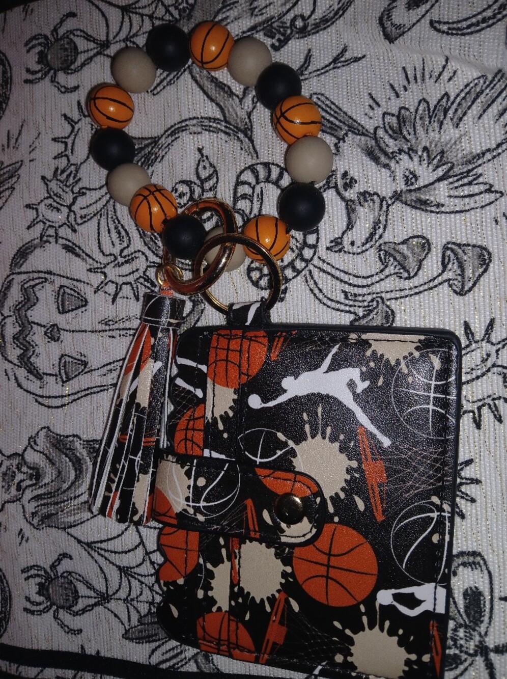 Basketball Print Wristlet Keychain - Black, Orange, Cream